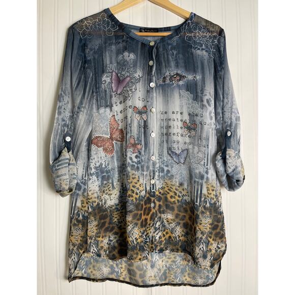 Bella Amore Sheer Whimsical Butterfly Print with Rhinestones Blouse Women's S - Picture 1 of 12